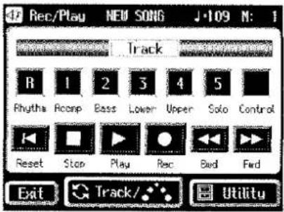17 Rec/Play NEW SONG ↓·109 M: 1 Track R 1 2 3 4 5 Rhythra Acorp Bass Lower Upper Solo Control Reset Stop Play Rec Bvd Fwd Exit Track/ Utility