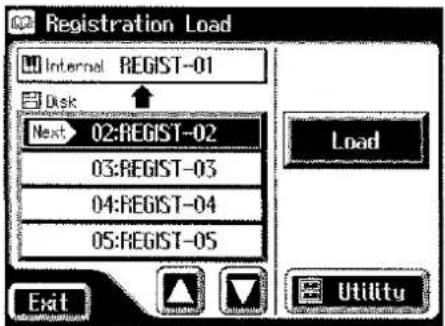 Registration Load Internal REGIST-01 Disk Next 02:REGIST-02 03:REGIST-03 04:REGIST-04 05:REGIST-05 Load Exit Utility