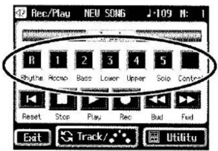 12 Rec/Play NEU SONG 109 N: 1 B 1 2 3 4 5 Rhythmic Accmp Bass Lower Upper Solo Control Reset Stop Play Rec Bud Fxd Exit Track/ Utility