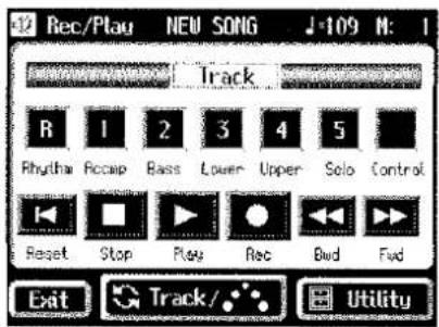 Rec/Play NEW SONG J-109 M: 1 Track R 1 2 3 4 5 Rhythm Raccap Bass Lower Upper Solo Control Reset Stop Play Rec Bvd Fvd Exit Track/ Utility