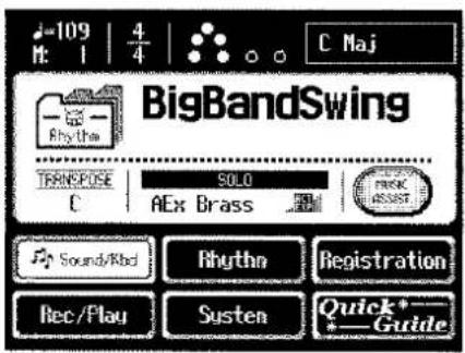 109 M: 1 | 4/4 | C Maj BigBandSwing TRANSPOSE SOLO C AEx Brass RICH RICH RICH Sound/Rhd Rhuttn Registration Rec/Play Systen Quick*- *Guide
