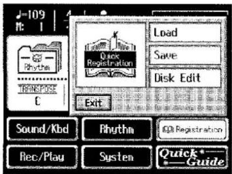 J=109 M: 1 Rhythms TRANSPOSE C Quick Registration Load Save Disk Edit Exit Sound/Kbd Rhythm Rec/Play System Quick*- *Guide