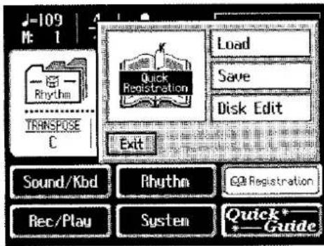 M: 1 Rhythm TRANSPOSE C Quick Registration Load Save Disk Edit Exit Sound/Kbd Rhythm Rec/Play System Quick* * Guide