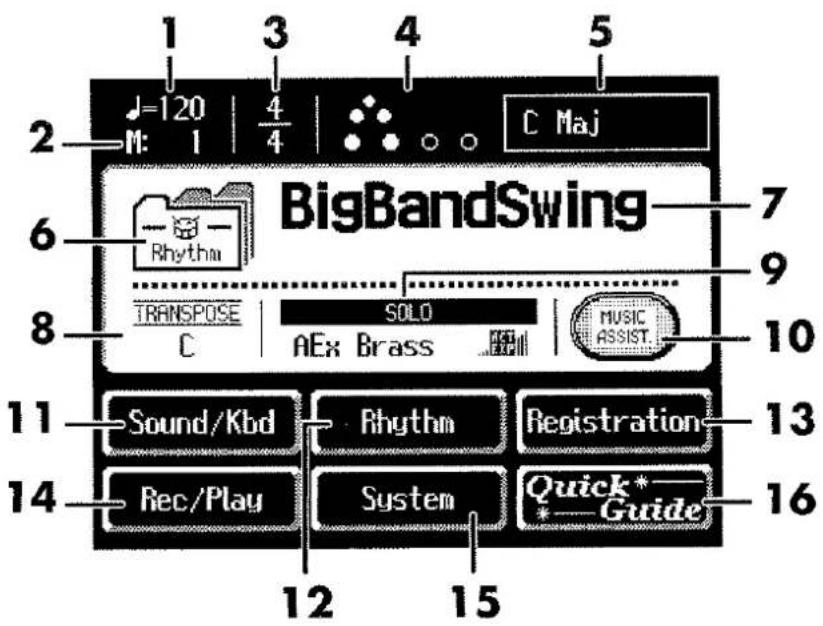 1 3 4 5 2—M: 1 4/4 C Maj 6—BigBandSwing 7 9 8—TRANSPOSE SOLO MUSIC ASSIST. C AEx Brass 10 11—Sound/Kbd Rhythm Registration 13 14—Rec/Play System Quick* Guide 16 12 15