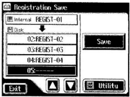 Registration Save Internal REGIST-01 Disk 02:REGIST-02 05:REGIST-03 04:REGIST-04 05:---- Save Exit Utility