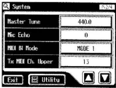 System Master Tune 440.0 Mic Echo 0 MIDI IN Mode MODE 1 Tx MIDI Ch. Upper 13 Exit Utilitu