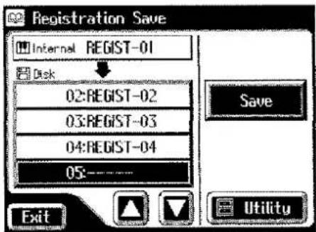 Registration Save Internal REGIST-01 Disk 02:REGIST-02 03:REGIST-03 04:REGIST-04 05:---- Exit Save Utility