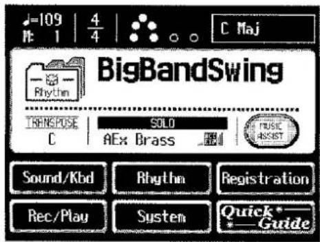 109 N: 1 | 4/4 | C Maj BigBandSwing TRANSPOSE SOLO C AEx Brass MUSIC ASSIST Sound/Kbd Rhythm Registration Rec/Play System Quick* Guide