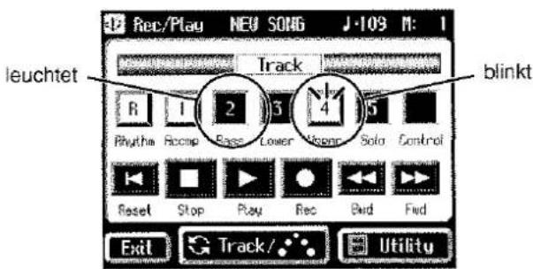12 Rec/Play NEU SONG J-109 M: 1 leuchtet Track blinkt R 1 2 3 4 Rhythm Accmp Base Lower Memory Solo Control Reset Stop Play Rec Bwd Fwd Exit Track/ Utility