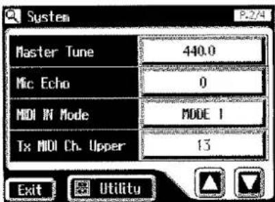 System Master Tune 440.0 Mic Echo 0 MIDI IN Mode MODE 1 Tx MIDI Ch. Upper 13 Exit Utility