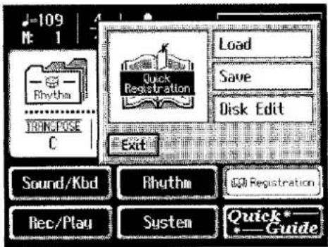 1-109 M: 1 Rhythm TRINCEPOSE C Quick Registration Load Save Disk Edit Exit Sound/Kbd Rhythm QR Registration Rec/Play System Quick*_ * Guide