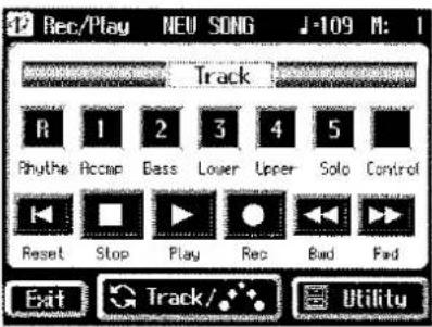 Rec/Play NEU SONG -109 M: 1 Track R 1 2 3 4 5 Phythre Accamp Bass Lower Upper Solo Control Reset Stop Play Rec Bad Fad Exit Track/ Utility