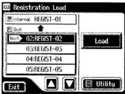 Registration Load Internal REGIST-01 Disk Next 02:REGIST-02 03:REGIST-03 04:REGIST-04 05:REGIST-05 Load Exit Utility