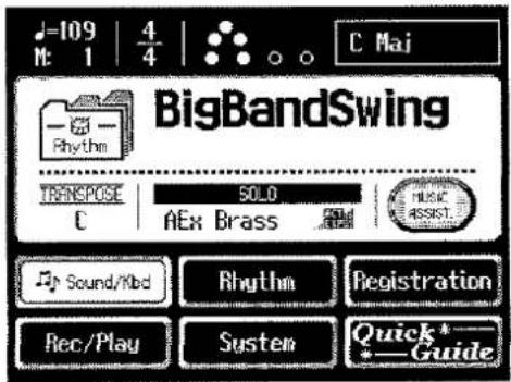 J=109 | 4/4 | C Mai M: 1 BigBandSwing TRANSPOSE SOLO C AEx Brass MUSIC ASSIST. Sound/Xbd Rhythm Registration Rec/Play System Quick *- * Guide