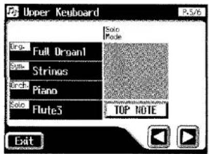 Upper Keyboard P.5/6 Org. Full Organ1 Sino. Strings Inch. Piano Solo. Flute3 Solo Mode TOP NOTE Exit
