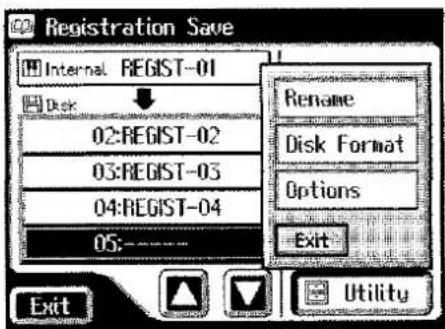 Registration Save Internal REGIST-01 Disk 02:REGIST-02 03:REGIST-03 04:REGIST-04 05:---- Rename Disk Format Options Exit Exit Utility