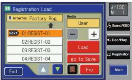 Registration Load Internal Factory Reg. Next 01:REGIST-01 02:REGIST-02 03:REGIST-03 04:REGIST-04 Exit Media User - + Load go to Save File 130 M: 1 Sound/KBD Rec/Play Registration Main