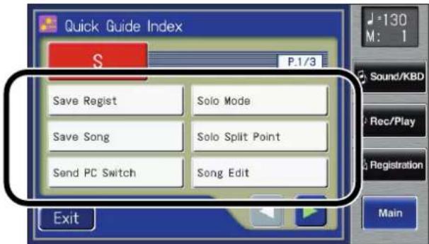 Quick Guide Index S P.1/3 Save Regist Solo Mode Save Song Solo Split Point Send PC Switch Song Edit Exit -130 M: 1 Sound/KBD Rec/Play Registration Main