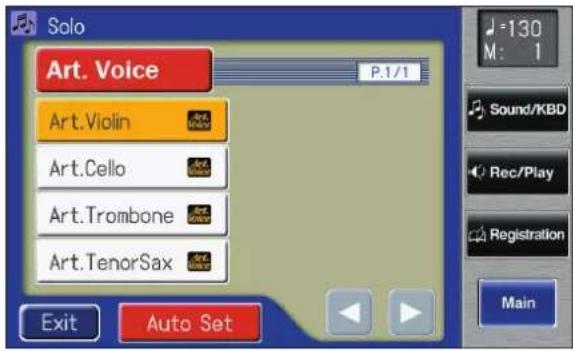 Solo Art. Voice P.1/1 Art.Violin Art.Cello Art.Trombone Art.TenorSax Exit Auto Set 130 M: 1 Sound/KBD Rec/Play Registration Main