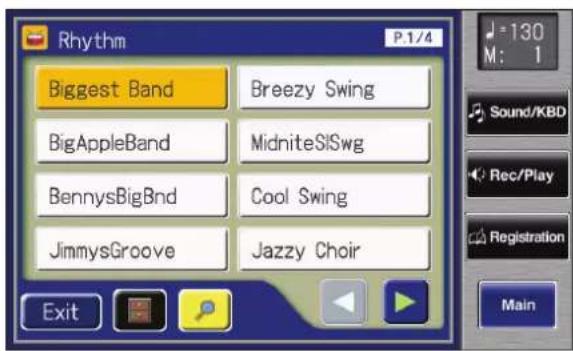 Rhythm P.1/4 Biggest Band Breezy Swing BigAppleBand MidniteSISwg BennysBigBnd Cool Swing JimmysGroove Jazzy Choir Exit 130 M: 1 Sound/KBD Rec/Play Registration Main