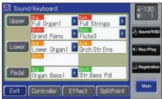 Sound/Keyboard Upper Org. Sym Full Organ1 Full Strings Orch Solo Grand Piano Flute3 Lower Org. Sym Lower Organ1 Orch.Str.Ens Orch Pedal Org. Orch. Organ Bass1 Str.Bass Pdl Exit Controller Effect SplitPoint J=130 M: 1 Sound/KBD Rec/Play Registration Main