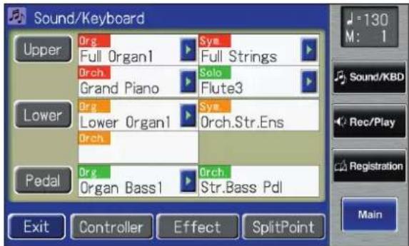 Sound/Keyboard Upper Org Full Organ1 Orch Grand Piano Sym Full Strings Solo Flute3 Lower Org Lower Organ1 Orch Orch.Str.Ens P pedal Org Organ Bass1 Orch Str.Bass Pdl Exit Controller Effect SplitPoint J = 130 M: 1 Sound/KBD Rec/Play Registration Main