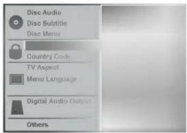 Disc Audio Disc Subtitle Disc Menu Country Code TV Aspect Menu Language Digital Audio Output Others