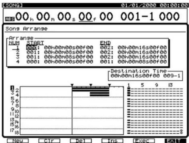 SONG 01/01/2000 00:00:00 ABS 00 h 00 m 00 s 00 f 00 001-1 000 Songs Arrange Arrange NUM START END 1 008: 00h00m00s00f00 002: 00h00m16s00f00 2 001: 00h00m08s00f00 002: 00h00m16s00f00 3 001: 00h00m08s00f00 002: 00h00m16s00f00 4 000: 00h00m08s00f00 001: 00h00m8s00f00 Destination Time 00h00m16s00f00 009-1 New CIR Del Ins Exec EXIT