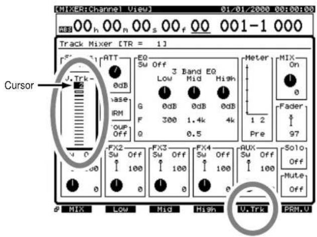 [MIXER:Channel View] 01/01/2000 00:00:00 00 h 00 n 00 s 00 f 00 001-1 000 Track Mixer [TR = 1] J.Trk- ATT 7 0dB base IRM 'OU4' Off EQ Sw Off Low 3 Band EQ High G 0dB Mid F 300 1.4k 4k Q 0.5 Meter 1 2 Pre MIX On 0 Fader 97 FX2 Sw Off 100 FX3 Sw Off 100 FX4 Sw Off 100 RUX Sw Off 100 Solo Off Mute Off MIX Low Mid High U.Trk PRN.U