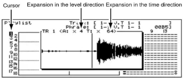 Cursor Expansion in the level direction Expansion in the time direction P'lylist Tr: c: [ 1- √.T 1- 1 ] Phra: e: [ 1-1 √.T 1- 1 ] 00B5] TR 1 9 13