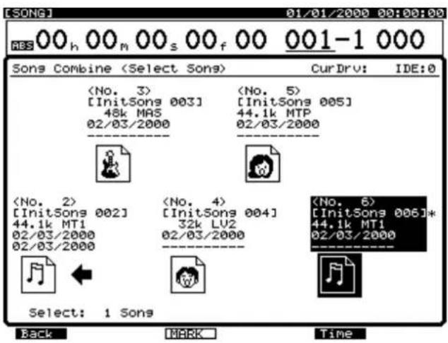 [SONG] 01/01/2000 00:00:00 ABS 00 h 00 m 00 s 00 f 00 001-1 000 Sons Combine (Select Songs) Cur Drv: IDE:0 [InitSongs 003] 48k MAS 02/03/2000 [InitSongs 005] 44.1k MTP 02/03/2000 [InitSongs 002] 44.1k MT1 02/03/2000 [InitSongs 004] 32k LU2 02/03/2000 [InitSongs 006]* 44.1k MT1 02/03/2000 Select: 1 Sons Back MARK Time