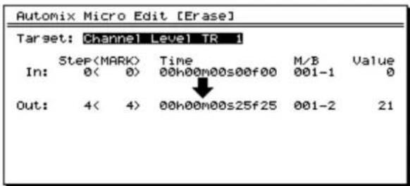 Automix Micro Edit [Erase] Target: Channel Level TR 1 Step(MARK) Time M/B Value In: 0( 0) 00h00m00s00f00 001-1 0 Out: 4( 4) 00h00m00s25f25 001-2 21