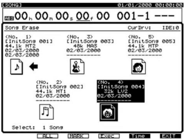 [SONG] 01/01/2000 00:00:00 ABS 00 h 00 m 00 s 00 f 00 001-1 --- Sons Erase Cur Drv: IDE:0 [InitSongs 001] 44.1k MT2 02/03/2000 02/03/2000 [InitSongs 003] 48k MAS 02/03/2000 [InitSongs 005] 44.1k MTP 02/03/2000 [InitSongs 002] 44.1k MT1 02/03/2000 [InitSongs 004] 32k LU2 02/03/2000 Select: 1 Songs ALL MARK Exec Time EXIT