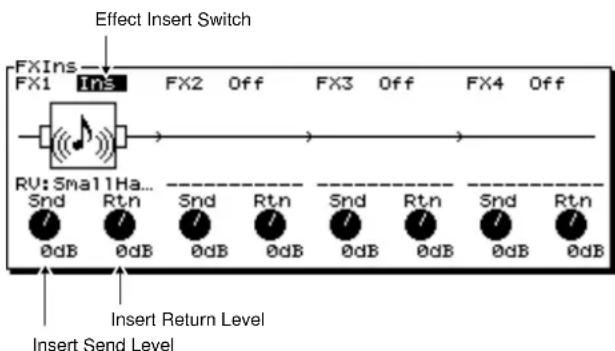 Effect Insert Switch FXIns FX1 Ins FX2 Off FX3 Off FX4 Off RV: Small 1Ha... Snd Rtn Snd Rtn Snd Rtn Snd Rtn 0dB 0dB 0dB 0dB 0dB 0dB 0dB Insert Return Level Insert Send Level