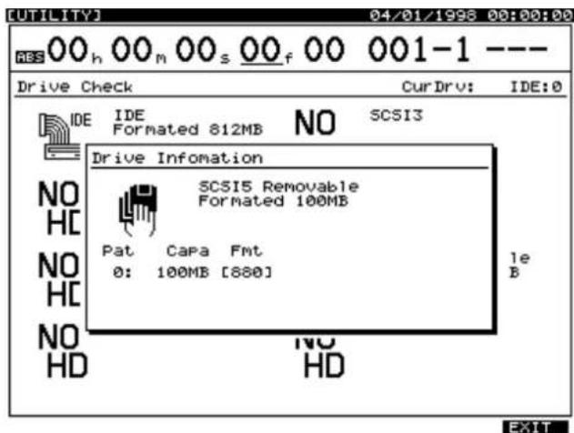 UTILITYJ 04/01/1998 00:00:00 ABS 00h 00m 00s 00f 00 001-1 --- Drive Check CurDrv: IDE:0 IDE IDE FORMated 812MB NO SCSI3 Drive Information SCSI5 Removable Formated 100MB Pat Capa Fmt 0: 100MB [880] NO HD NO HD 1e B EXIT