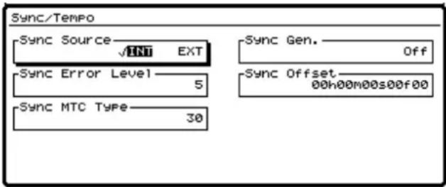 Sync/Tempo Sync Source √INT EXT Sync Error Level 5 Sync MTC Type 30 Sync Gen. Off Sync Offset 00h00m00s00f00