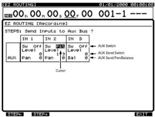 [EZ ROUTING] 01/01/2000 00:00:00 ABS 00 h 00 m 00 s 00 f 00 001-1 --- EZ ROUTING [Recording] STEP5: Send Inputs to Aux Bus ? IN 1 IN 2 IN D SW Off Sw PST Sw Off Level Level Level Level AUX Pan Pan 1 3 Ba1 0 Aux Cursor AUX Switch AUX Send Switch AUX Send PanBalance STEP4 STEP5 EXIT