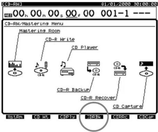 CD-RW 01/01/2000 30:00:00 00h 00m 00s 00f 00 001-1 --- CD-RW/Mastering Menu Mastering Room CD-R Write CD Player CD-R Backup CD-R Recover CD Capture HstRm CD Wt CDPly CDRBk CIRRC CDCap