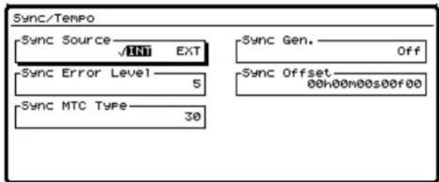 Sync/Tempo Sync Source √INT EXT Sync Error Level 5 Sync MTC Type 30 Sync Gen. Off Sync Offset 00h00m00s00f00