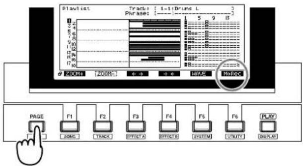 Plavlist Track: [1-1] Drums L Phrase: ZOOM: [200RE] ← → → ← NAME MoRec PAGE F1 F2 F3 F4 F5 F6 PLAY SONG TRACK EFFECT A EFFECT B SYSTEM UTILITY DISPLAY