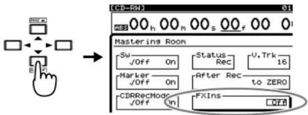 LCD-RWJ 01 ABS 00 h 00 n 00 s 00 f 00 01 Mastering Room Sw √Off On Status Rec V.Trk 16 Marker √Off On After Rec to ZERO CDRRecMode √Off On FXIns OFF