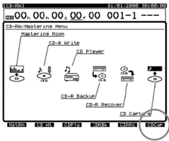 CD-RW 01/01/2000 30:00:00 ABS 00h 00m 00s 00f 00 001-1 --- CD-RW/Mastering Menu Mastering Room CD-R Write CD Player CD-R Backup CD-R Recover CD Capture LIST/RN CD NO COPY 19R8K CIRRC CDCAP