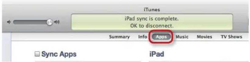 iTunes iPad sync is complete. OK to disconnect. Summary Info Apps Music Movies TV Shows Sync Apps iPad