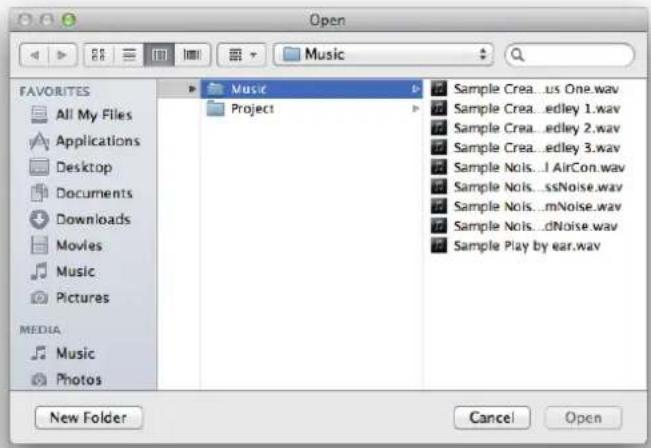 Open FAVORITES All My Files Applications Desktop Documents Downloads Movies Music Pictures MEDIA Music Photos Music Project Sample Crea...us One.wav Sample Crea...edley 1.wav Sample Crea...edley 2.wav Sample Crea...edley 3.wav Sample Nois...l AirCon.wav Sample Nois...ssNoise.wav Sample Nois...mNoise.wav Sample Nois...dNoise.wav Sample Play by ear.wav New Folder Cancel Open