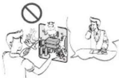 Illustration showing a person holding a device with a prohibition symbol above, and another person using a phone to call on the phone.