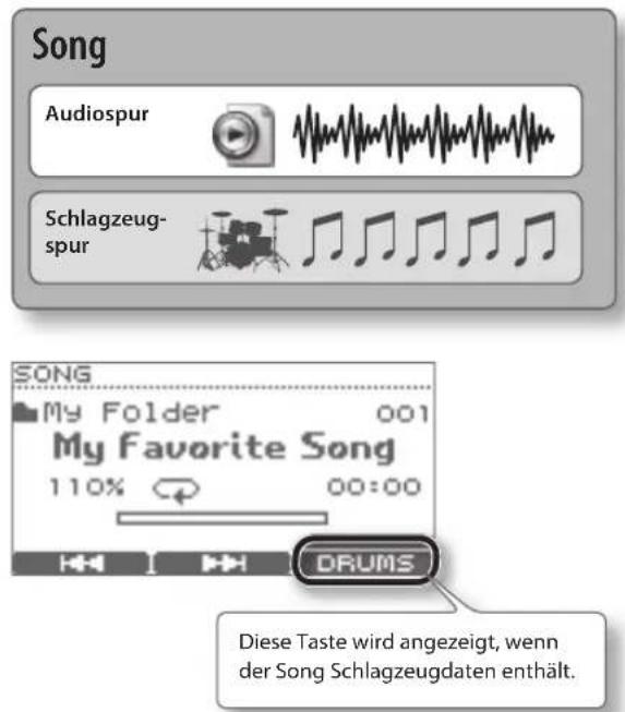 Song Audiospur Schlagzeug- spur SONG My Folder 001 My Favorite Song 110% 00:00 DRUMS Diese Taste wird angezeigt, wenn der Song Schlagzeugdaten enthält.