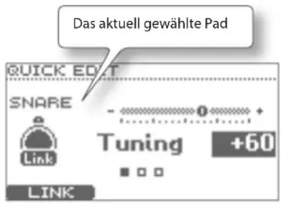 Das aktuell gewählte Pad QUICK EDIT SNARE Link Tuning +60 LINK