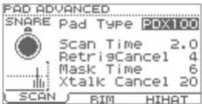 PAD ADVANCED SNARE Pad Type PDX100 Scan Time 2.0 RetrigCancel 4 Mask Time 6 Xtalk Cancel 20 SCAN RIM HIHAT
