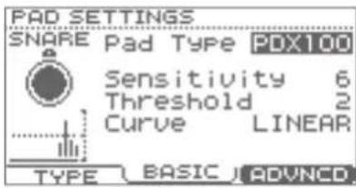 PAD SETTINGS SNARE Pad Type PDX100 Sensitivity 6 Threshold 2 Curve LINEAR TYPE BASIC ADVNCO