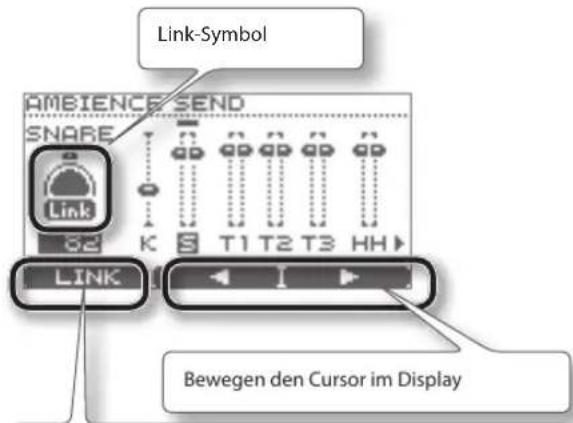 Link-Symbol AMBIENCE SEND SNARE LINK 62 K S T1 T2 T3 HH LINK Bewegen den Cursor im Display
